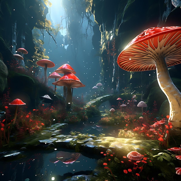 Bioluminescencyjne i psychodeliczne grzyby emanujące urzekającym magicznym blaskiem w spokojnym naturalnym lesie
