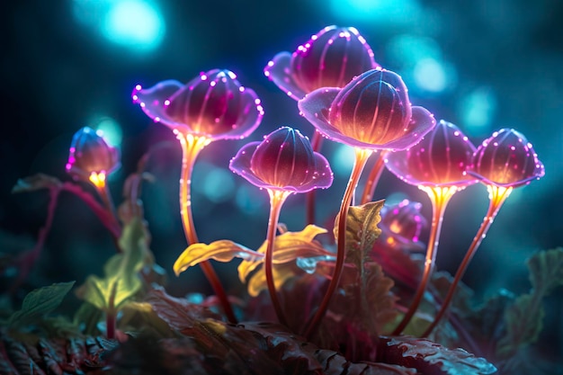 Bioluminescencyjny obcy kryształowy las z kwiatami bioluminescencyjne rośliny mięsożerne AI Generative