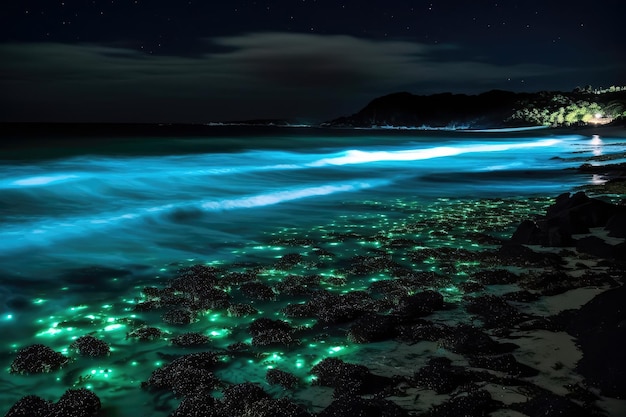 Bioluminescencyjny plankton oświetlający ciemną scenę plażową Generatywna sztuczna inteligencja