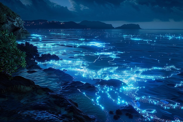 Bioluminescencyjny plankton oświetlający nocne morze