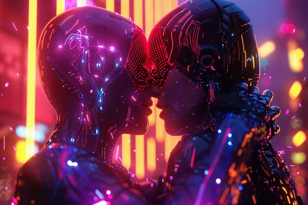 Zdjęcie biomechaniczne istoty doświadczające miłości w neonie