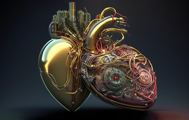 Biomechaniczne złote serce robota stworzone z drutów ze szkła i metalu Wygenerowana sztuczna inteligencja