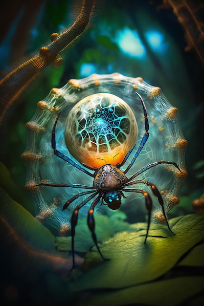Biomechaniczny pająk w dżungli czekający na zdobycz Zdjęcie wygenerowane przez sztuczną inteligencję