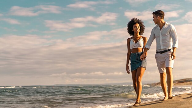 Biracial młodzi ludzie chodzą boso po plaży o zachodzie słońca, patrząc sobie w oczy