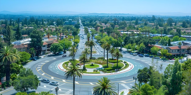 Bird39s Eye View of Roundabout in Brentwood California Shopping Center with Palm Trees Concept Outdoor Aerial View Roundabout Brentwood California shopping center Palm Trees