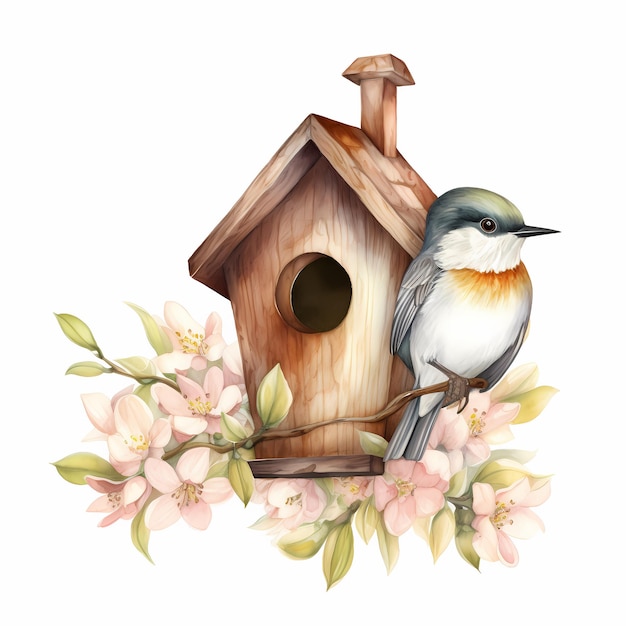 Birdhouse z kwiatami i ptakami na nim