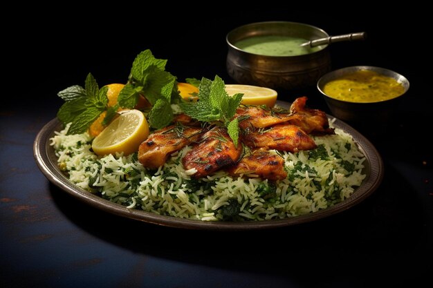 Zdjęcie biryani served with a side of spicy mirchi ka salan chili curry