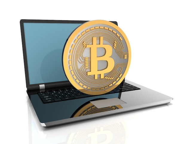 Bitcoin 3d I Laptop. 3d Renderowana Ilustracja