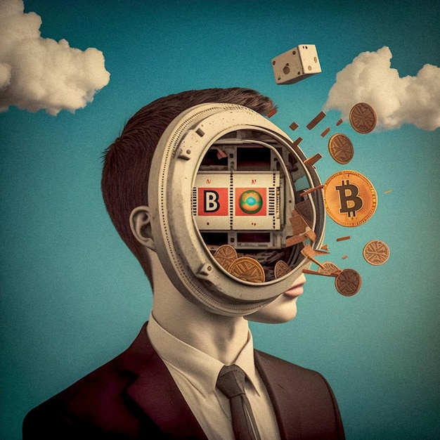 Bitcoin crash w głowie surrealistycznej ilustracji rocznika plakatu ziarnista tekstura