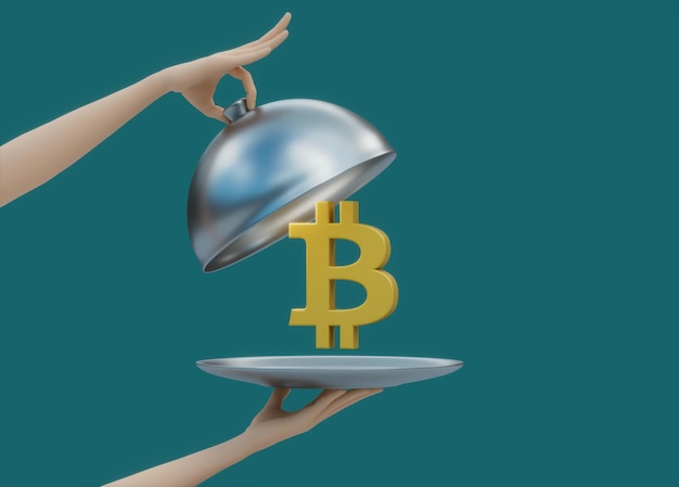 Zdjęcie bitcoin crypto litera b ręka otwórz obecna pokrywka taca na żywność zjedz danie ilustracja 3d