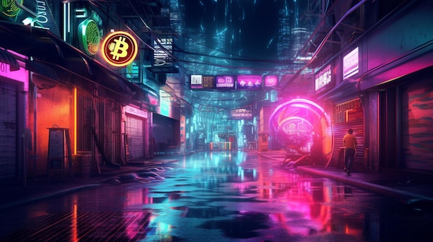 bitcoin cypherpunk futurystyczna neonowa scena dytopijna