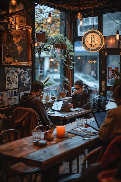 Bitcoin Hackathon w kawiarni z programistami i L Crypto Concept Trending Background Photo