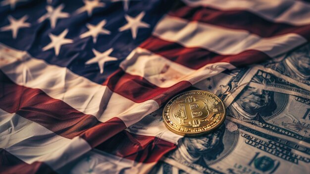 Bitcoin i dolar na tle amerykańskiej flagi na stronie internetowej