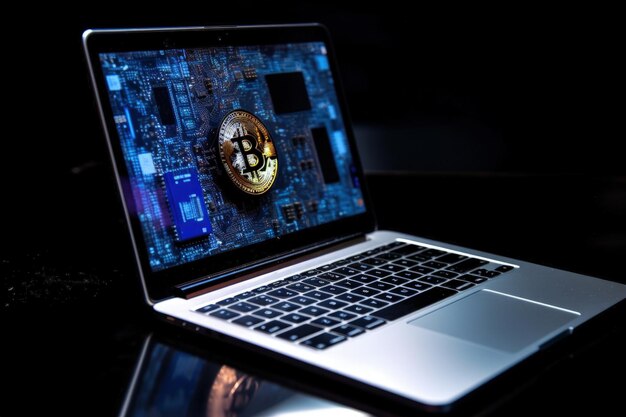 Zdjęcie bitcoin i laptop ilustracja czarne tło technologia i koncepcja inwestycji generative ai