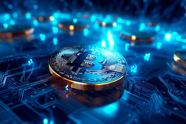 Bitcoin ikona blockchain kryptowaluta cyfrowa technologia szyfrowania globalne połączenia sieciowe tło koncepcja AI wygenerowane