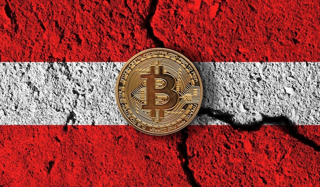 Bitcoin krypto waluta z ograniczeniami kryptograficznymi z pękniętą flagą Austrii