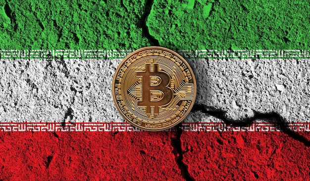 Bitcoin kryptowaluta moneta z ograniczeniami kryptograficznymi ze złamaną flagą Iranu