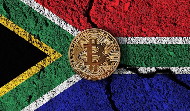 Bitcoin kryptowaluta moneta z pękniętymi ograniczeniami kryptowalut flagi Republiki Południowej Afryki