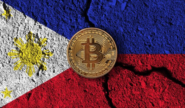 Bitcoin kryptowaluta walutowa z pękniętymi flagami Filipin z ograniczeniami kryptograficznymi