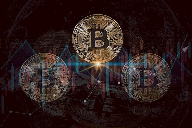 Bitcoin kryptowaluta z cyfrowym wykresem giełdowym Koncepcja wirtualnej waluty kryptograficznej
