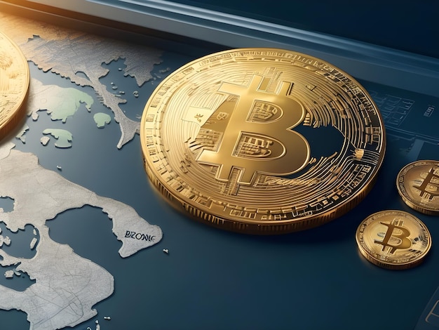 Bitcoin na stole z tłem mapy świata