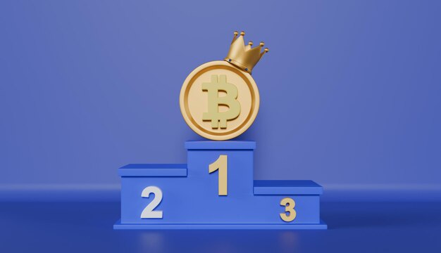 Bitcoin na szczycie podium na niebieskim tle.