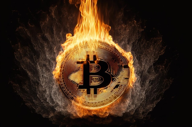 Bitcoin w ognistej aureoli na czarnym tle z mgłą Waluta blockchain kryptowaluta banknot anonimowe transakcje farma górnicza ilustracja w wysokiej rozdzielczości AI