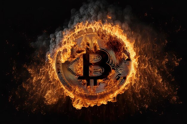 Bitcoin w płomieniach z ciemnym tłem AIGenerated