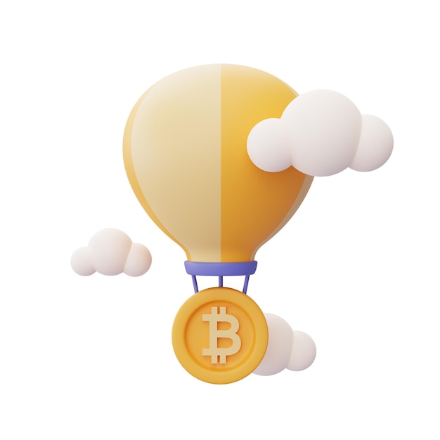 Bitcoin z balonem na ogrzane powietrze otoczony chmurą na białym tletechnologia blockchainminimalny stylrenderowanie 3d