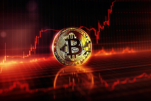 Bitcoin z czerwonym wykresem na tle ekranu komputera Handel walutami Crypto Generative Ai