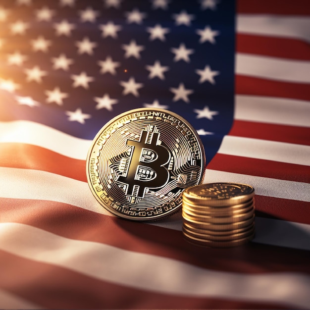 Bitcoin z tłem flagi USA 02