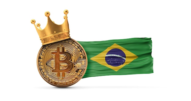 Bitcoin ze złotą koroną i flagą brazylii kryptowaluta króla koncepcji d rendering