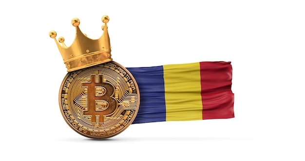 Bitcoin ze złotą koroną i flagą Rumunii kryptowaluta króla koncepcji d rendering