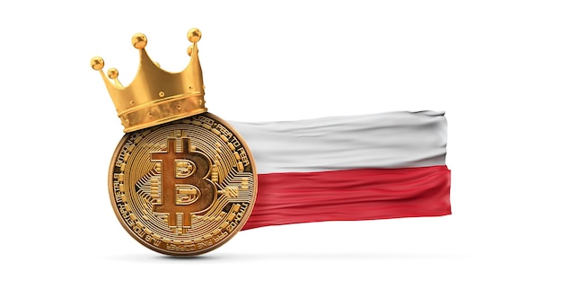 Bitcoin ze złotą koroną i polską flagą kryptowaluta króla koncepcji d rendering
