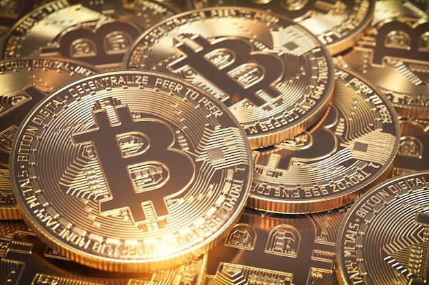 Bitcoins hepa złote monety wirtualnej waluty tło ilustracja 3d