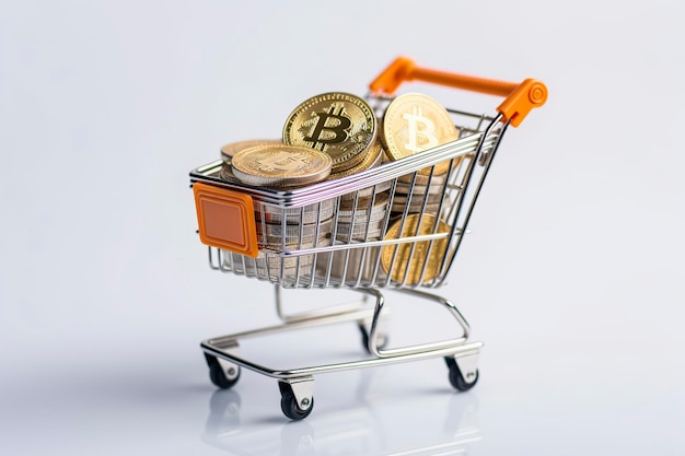 Bitcoiny w koszyku zakupów w supermarkecie na izolowanym tle z przestrzenią do kopiowania