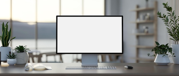 Biurko komputerowe w nowoczesnej przestrzeni coworkingowej zawiera makietę komputera na białym ekranie