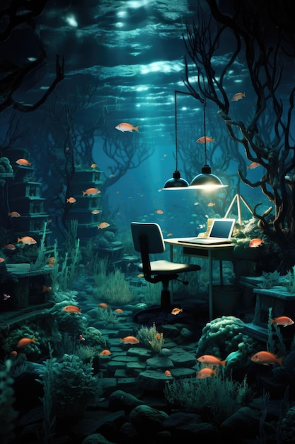 Biurko komputerowe w podwodnym świecie z rybą AI