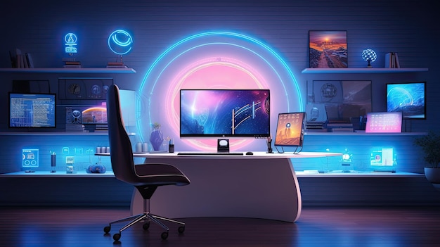 Biurko komputerowe z dużym monitorem i krzesłem z napisem „gra o tron”.