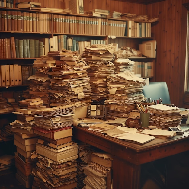 Biurko pełne książek i papierów.