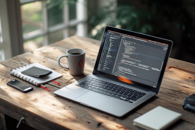 Zdjęcie biurko programisty z laptopem, kubkiem do kawy i smartfonem