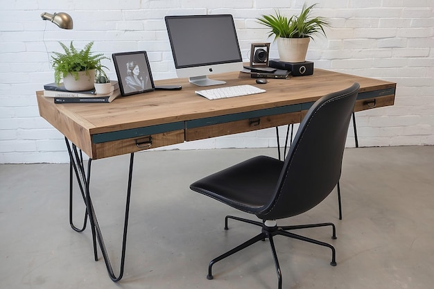 Zdjęcie biurko przemysłowe z betonu i drewna z nogami do szpilek