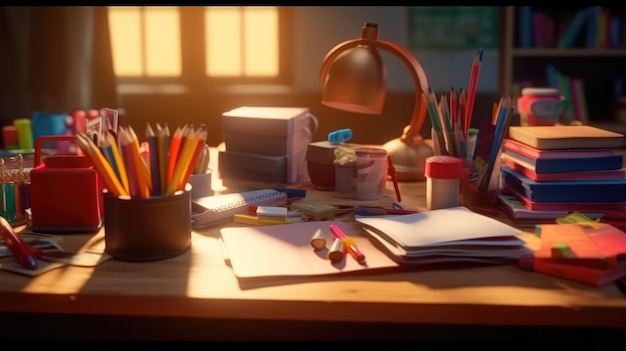 Biurko ucznia wykonującego zadanie domowe z ołówkami, kolorami i materiałami artystycznymi
