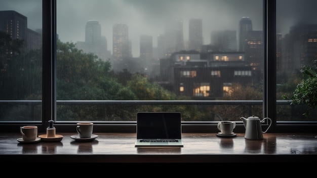 Biurko ustawione przy dużym oknie z kroplami deszczu i zachmurzonym niebem