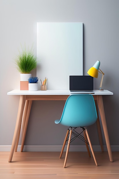 Biurko w domowym biurze z materiałami eksploatacyjnymi i miejscem na kopię na ścianie Minimalistyczna przestrzeń do pracy