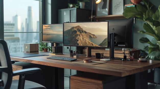 Biurko z dwoma monitorami i klawiaturą Dzień pracy