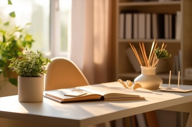 Biurko z książką, książką i rośliną na nim.