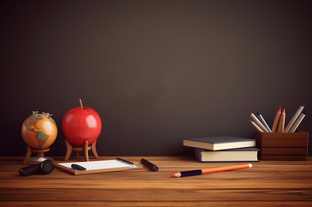 Biurko z książkami, ołówkami i jabłkiem