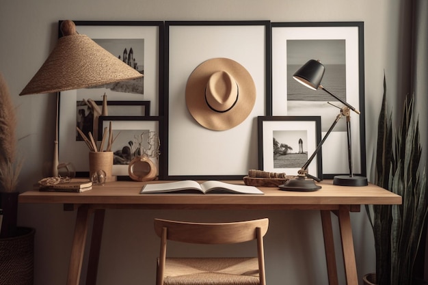 Biurko z lampką i zdjęciem kapelusza