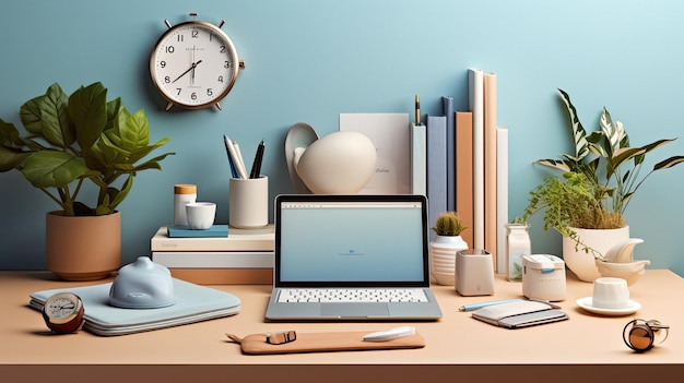 biurko z laptopem i zegarem na ścianie
